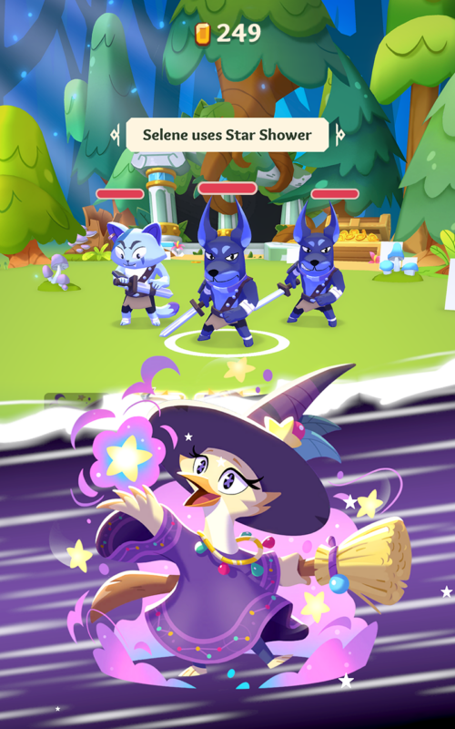 A witch bird in a purple dress and pointed hat uses her special ability